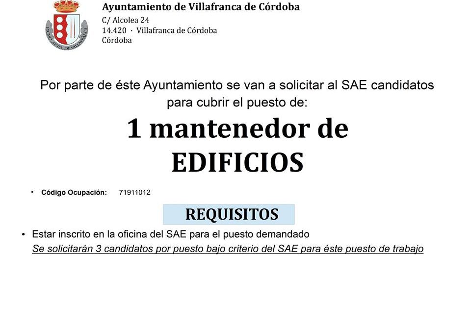 Oferta de empleo: Un puesto de Mantenedor de Edificios.