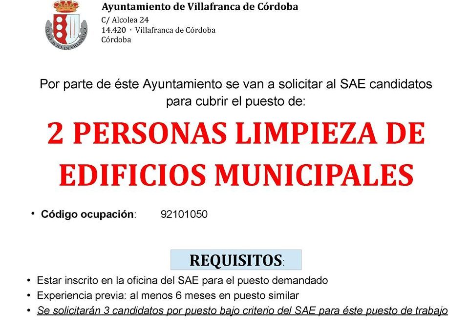 Oferta de empleo: Dos puestos para limpieza de edificios municipales.