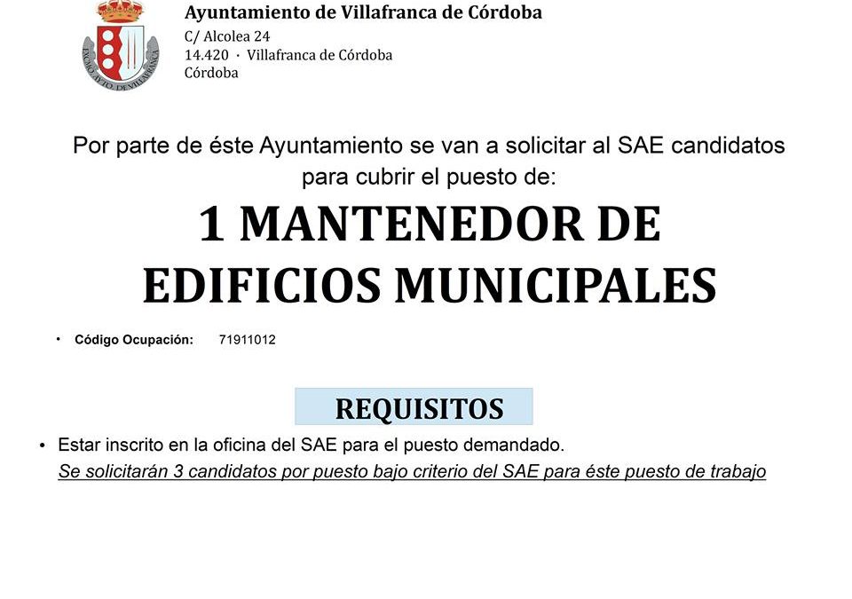 Oferta de empleo: Un puesto para mantenedor de edificios.