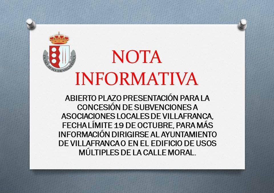 Subvenciones a asociaciones locales. Plazo hasta el 19 de octubre.