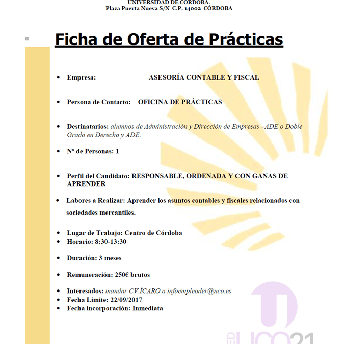 Oferta de Prácticas de Derecho. Plazo solicitud hasta el 22 de septiembre