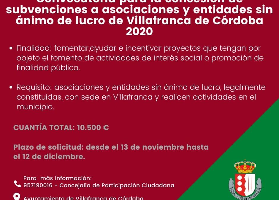 Convocatoria de subvenciones para asociaciones y entidades sin ánimo de lucro de Villafranca 2020